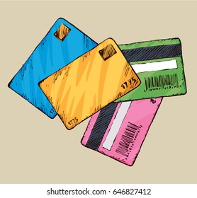 Blank vibrant personal data paid value sell e-ticket wallet set isolated on grey backdrop. Bright color hand drawn picture sketch in art doodle style. Closeup view with space for text