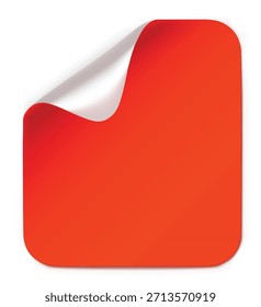 Branco vibrante quadrado vermelho adesivo com um canto descascando isolado em um fundo branco limpo para design