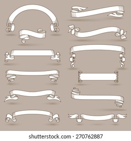 Blank vintage announcement ribbons set with swirl decoration isolated vector illustration