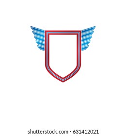 Blank vintage emblem with copy space, vector heraldic design, protection shield with wings.