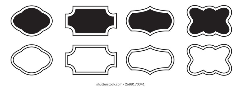 Leere Vintage Label Frames Kollektion. Set von dekorativen Vintage-Etikettenrahmen in verschiedenen Formen und Rändern, perfekt für Designvorlagen, Tags, Aufkleber und Einladungen.