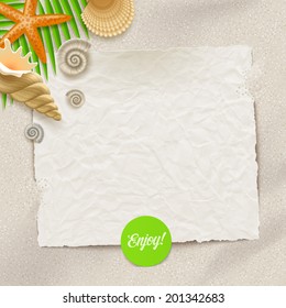 Blank vintage paper, starfish and cockleshell on a beach sand - summer holidays vector illustration