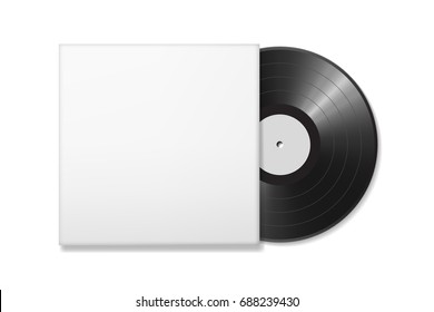 Blank vinyl disc mock up in a case. White background. Realistic empty template of a music record plate. Graphic design element for scrapbooking, musical flyer or poster, web site. Vector illustration.