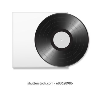 Blank vinyl disc mock up with cover. White background. Realistic empty template of a music record plate. Graphic design element for scrapbooking, musical flyer or poster, web site. Vector illustration
