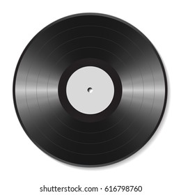 Blank vinyl disc mock up on white background. Realistic empty template of a music record plate. Graphic design element for scrapbooking, musical flyer or poster, web site. Vector illustration.