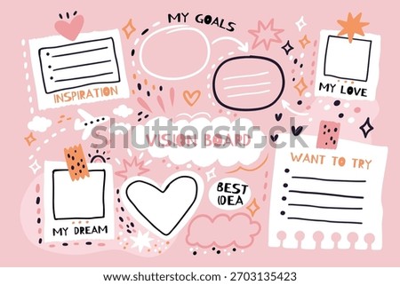Blank vision board. Mood and dreams notes template, to do list, goals planner, inscriptions place, notebook sheet template, doodle collage style, cartoon flat isolated illustration garish vector set