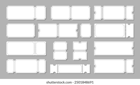 Blank vouchers for stores, coupons for shopping, and admission tickets for movies or theaters. Isolated cards with a detachable section.