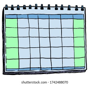 Blank wall calendar template in doodle style. Hand drawn vector design element. Empty space for text. Colorful ink contour sketch drawing isolated on white background. Vintage, retro style sign.