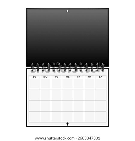 Blank wall weekly planner mockup with spiral binding realistic 3d vector, black cover and empty grid for week planning organizer template, isolated on white background.