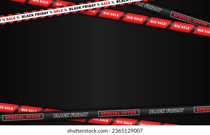 Blank wallpaper with crossed sale ribbons for Black Friday. Black banner with discount stripes and empty space for text. Marketing, online shopping card