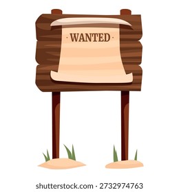 Blank wanted poster template hanging on wooden signpost in cartoon wild west style