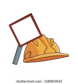 blank warning sign and safety helmet icon over white background, vector illustration
