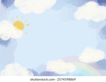 blank watercolor pastel blue color cloud in a sky with sun rainbow glittery stars illustration background wallpaper greeting card template space for text landscape cute