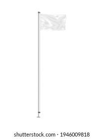 Blank waving flag on metal pole isolated on white background, realistic vector mock-up. Empty horizontal banner, mockup. Template for design