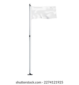 Blank waving flag on metal pole isolated on white background realistic vector mock-up. Empty horizontal flying banner mockup. Template for design