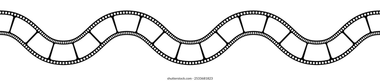 Blank wavy film strip template. Curved camera tape isolated on white background. Storyboard layout. Vintage frame for creating photographies collage. Vector graphic illustration.