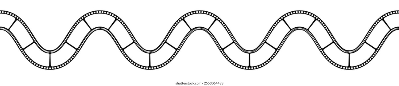 Leere wellenförmige Filmstreifenvorlage. Unduliertes Kameraband einzeln auf weißem Hintergrund. Storyboard-Layout. Gekrümmter Rahmen für die Erstellung von Fotografien Collage. Vektorgrafik.