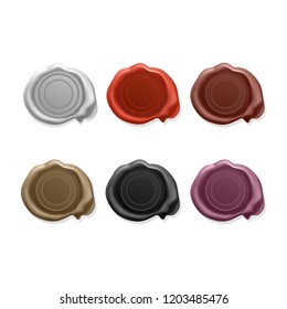 Blank wax seal, set of Stamp wax seal vector icons of different bright colors. Sealing wax old realistic stamps labels on white background