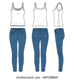 Blank wear templates. Women's clothing set. Front, back and side views of tank top and blue jeans.  Casual style. Vector illustration for your fashion design. Isolated on white background.