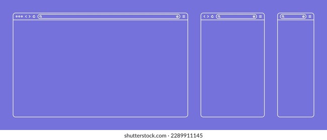 Blank web browser, internet page window with toolbar and search field. Modern website in flat style, line art. Browser mockup for computer, tablet and smartphone. Vector illustration