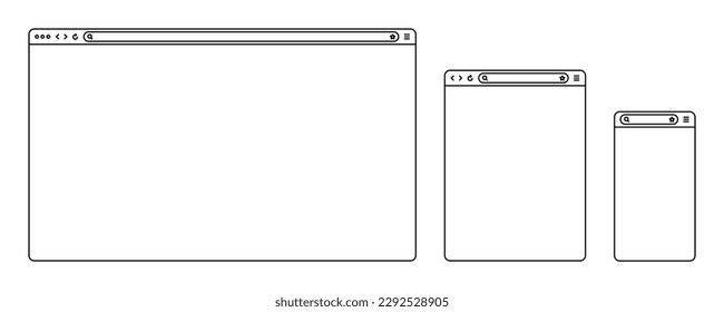 Navegador web en blanco, ventana de página de Internet con barra de herramientas y campo de búsqueda. Moderno sitio web de estilo plano, arte de línea. Mochila de navegador para computadora, tablet y smartphone. Ilustración del vector