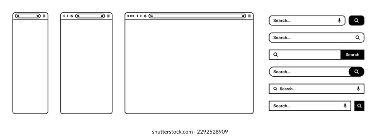 Blank web browser, internet page window with toolbar and search bar, field. Modern website in flat style, line art. Browser mockup for computer, tablet and smartphone. Vector illustration