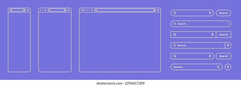 Blank web browser, internet page window with toolbar and search bar, field. Modern website in flat style, line art. Browser mockup for computer, tablet and smartphone. Vector illustration