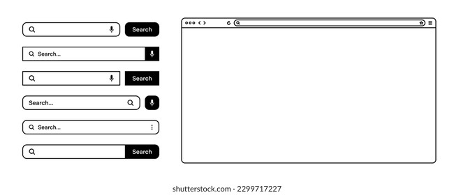 Navegador web en blanco, ventana de página de Internet con barra de herramientas y barra de búsqueda, campo. Moderno sitio web de estilo plano, arte de línea. Mochila de navegador para computadora, tablet y smartphone. Ilustración del vector
