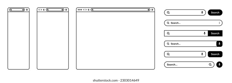 Blank web browser, internet page window with toolbar and search bar, field. Modern website in flat style, line art. Browser mockup for computer, tablet and smartphone. Vector illustration