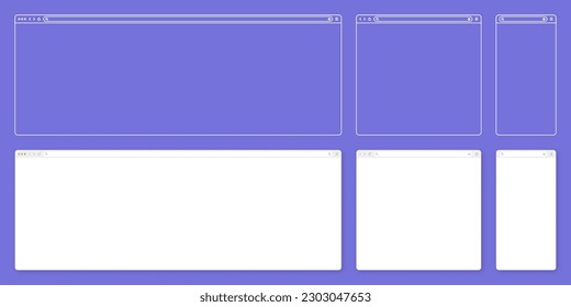 Blank web browser, internet page window with toolbar and search field. Modern website in flat style, line art. Browser mockup for computer, tablet and smartphone. Vector illustration