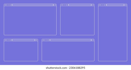 Navegador web en blanco, ventana de página de Internet con barra de herramientas y campo de búsqueda. Moderno sitio web de estilo plano, arte de línea. Mochila de navegador para computadora, tablet y smartphone. Ilustración del vector