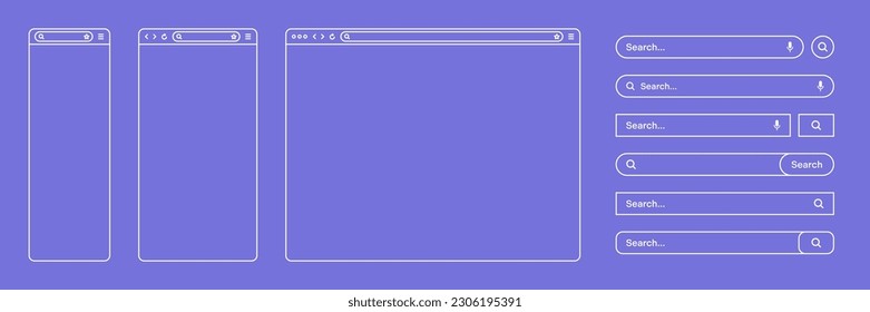 Blank web browser, internet page window with toolbar and search bar, field. Modern website in flat style, line art. Browser mockup for computer, tablet and smartphone. Vector illustration