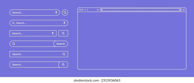 Navegador web en blanco, ventana de página de Internet con barra de herramientas y barra de búsqueda, campo. Moderno sitio web de estilo plano, arte de línea. Mochila de navegador para computadora, tablet y smartphone. Ilustración del vector