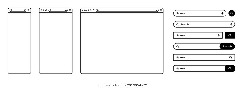 Blank web browser, internet page window with toolbar and search bar, field. Modern website in flat style, line art. Browser mockup for computer, tablet and smartphone. Vector illustration