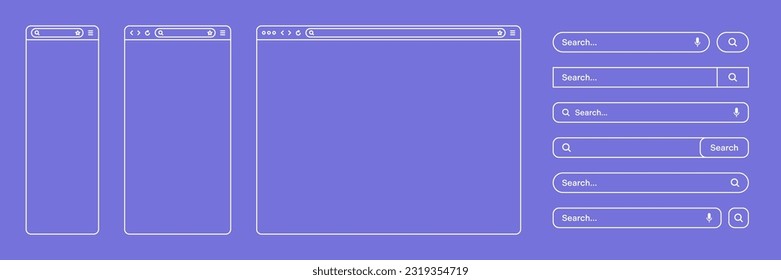 Blank web browser, internet page window with toolbar and search bar, field. Modern website in flat style, line art. Browser mockup for computer, tablet and smartphone. Vector illustration