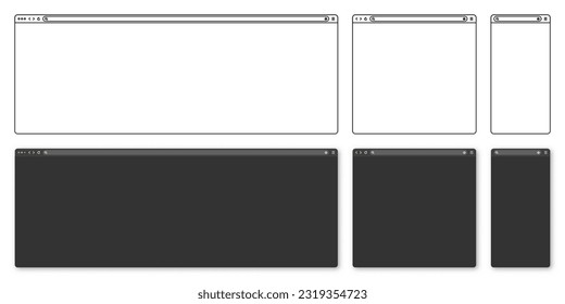 Blank web browser, internet page window with toolbar and search field. Modern website in flat style, line art. Browser mockup for computer, tablet and smartphone. Vector illustration