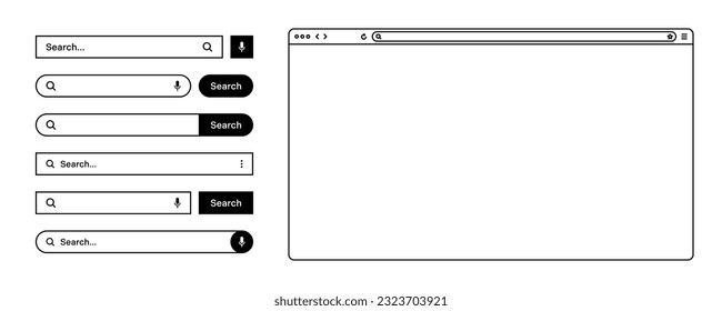 Blank web browser, internet page window with toolbar and search bar, field. Modern website in flat style, line art. Browser mockup for computer, tablet and smartphone. Vector illustration
