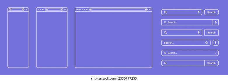Blank web browser, internet page window with toolbar and search bar, field. Modern website in flat style, line art. Browser mockup for computer, tablet and smartphone. Vector illustration