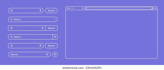 Blank web browser, internet page window with toolbar and search bar, field. Modern website in flat style, line art. Browser mockup for computer, tablet and smartphone. Vector illustration