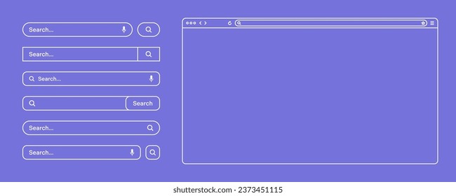 Navegador web en blanco, ventana de página de Internet con barra de herramientas y barra de búsqueda, campo. Moderno sitio web de estilo plano, arte de línea. Mochila de navegador para computadora, tablet y smartphone. Ilustración del vector