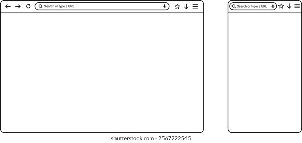 Blank web browser and internet page window in modern flat and line art style, mockup for computer and smartphone. Vector illustration.