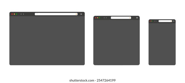 Blank web browser window design in dark mode isolated on white background. Browser mockup for computer, tablet and smartphone. Dark mode UI.