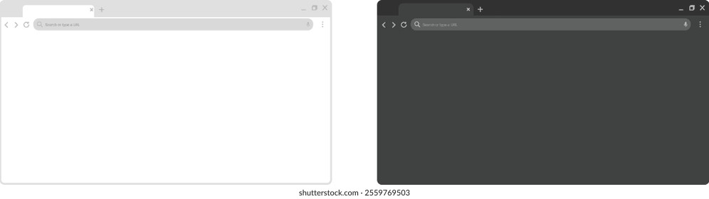 Blank web browser window: Mockup featuring a tab, toolbar, and search field in light and dark modes, suitable for computer, tablet, and smartphone displays. Flat-style vector illustration.