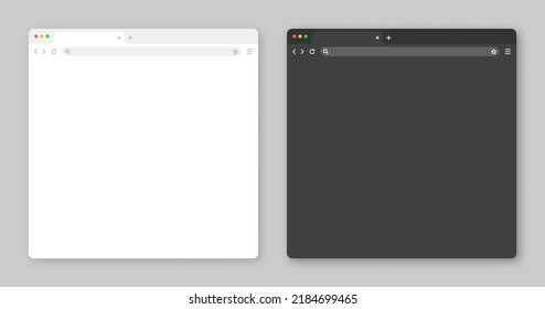 Blank web browser window with tab, toolbar and search field. Modern website, internet page in flat style. Browser mockup for computer, tablet and smartphone. Light and dark mode. Vector illustration