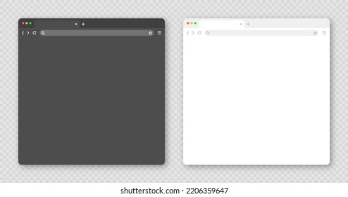 Blank web browser window with tab, toolbar and search field. Modern website, internet page in flat style. Browser mockup for computer, tablet and smartphone. Light and dark mode. Vector illustration