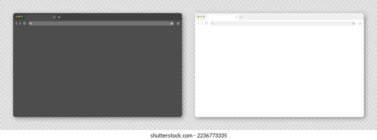Ventana de navegador web en blanco con pestaña, barra de herramientas y campo de búsqueda. Sitio web moderno, página de internet de estilo plano. Parodia del navegador para computadora, tablet y smartphone. Modo claro y oscuro. Ilustración del vector