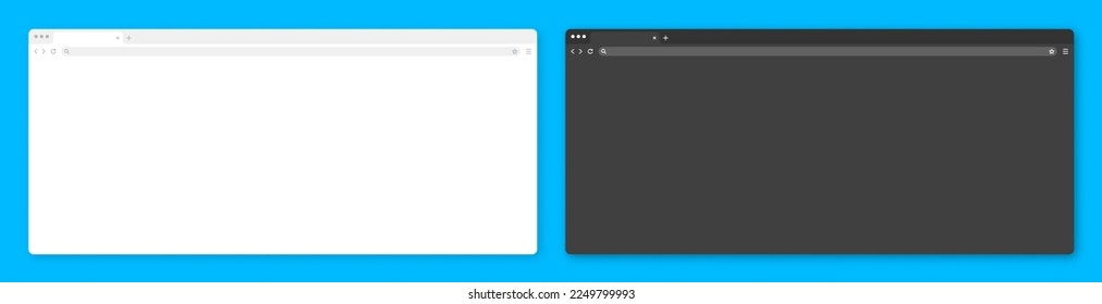 Blank web browser window with tab, toolbar and search field. Modern website, internet page in flat style. Browser mockup for computer, tablet and smartphone. Light and dark mode. Vector illustration