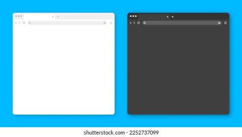 Blank web browser window with tab, toolbar and search field. Modern website, internet page in flat style. Browser mockup for computer, tablet and smartphone. Light and dark mode. Vector illustration