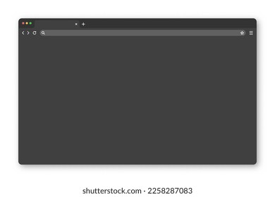 Ventana de navegador web en blanco con pestaña, barra de herramientas y campo de búsqueda. Sitio web moderno, página de internet de estilo plano. Parodia del navegador para computadora, tablet y smartphone. Modo oscuro. Ilustración del vector
