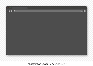 Ventana de navegador web en blanco con pestaña, barra de herramientas y campo de búsqueda. Sitio web moderno, página de internet de estilo plano. Parodia del navegador para computadora, tablet y smartphone. Modo oscuro. Ilustración del vector